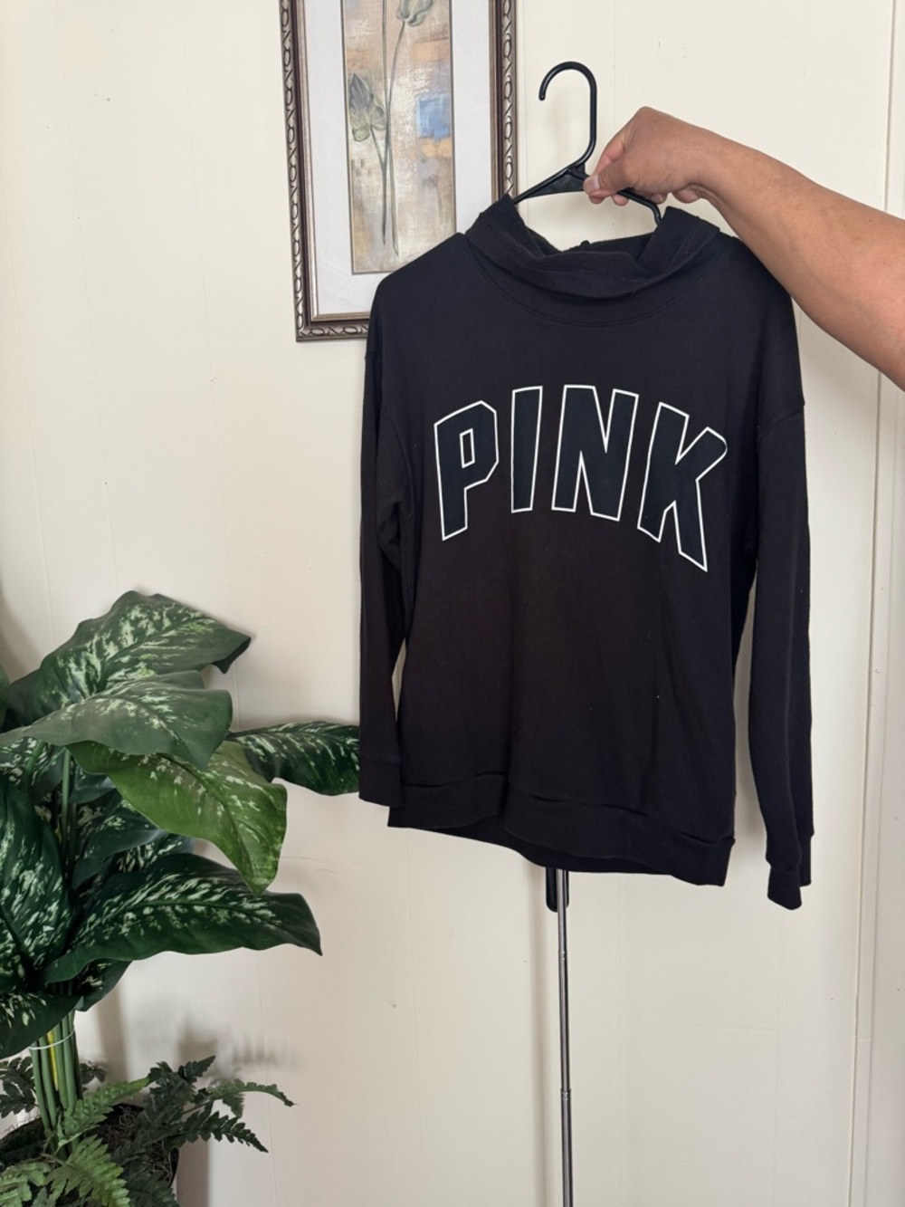 Victoria's Secret PINK Black Crewneck Sweatshirt with White Outline Logo